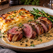 Baconlindad hjortinnerfilé med potatisgratäng och grönpepparsås
