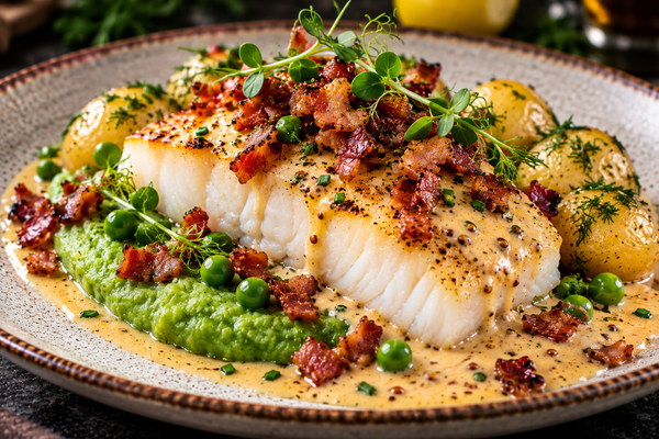 Torskrygg med bacon, ärtpuré och krämig senapssås