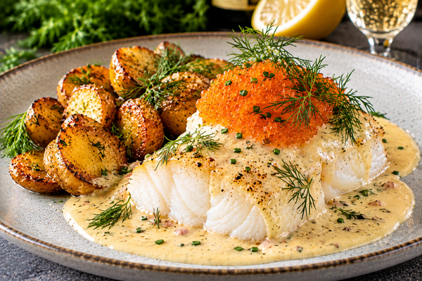 Torskrygg med champagnesås, rostad potatis och löjrom
