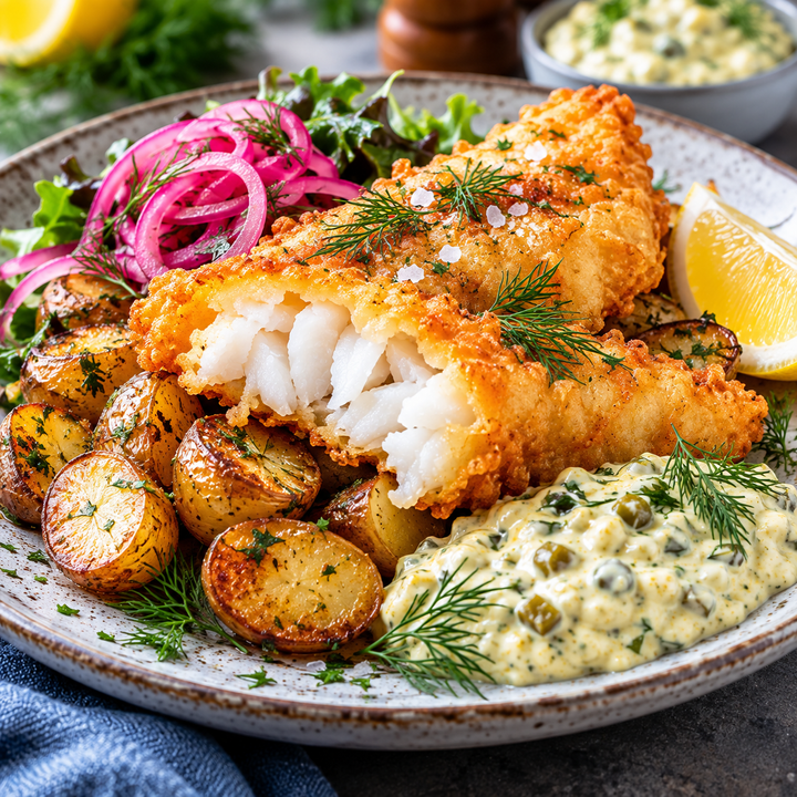 Tempurainbakad kolja med rostad potatis, remouladsås och picklad rödlök