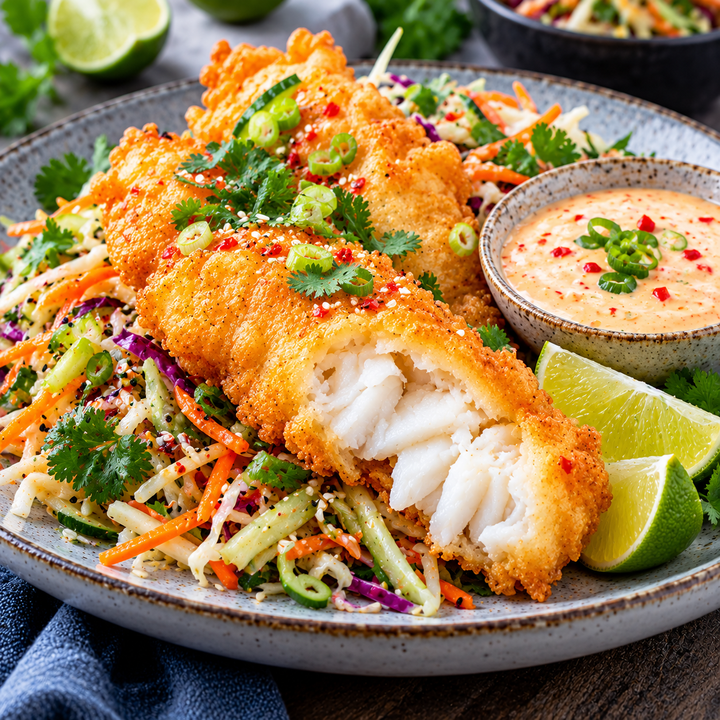 Tempurainbakad kolja med asiatisk kålsallad och chili-lime-majonnäs