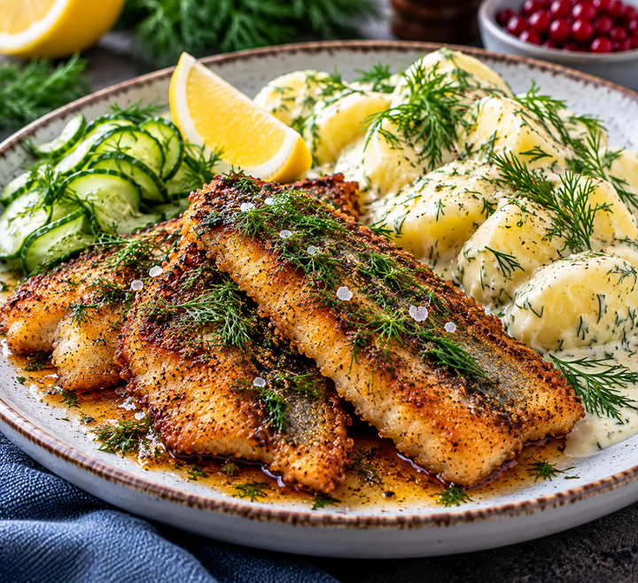 Strömming med dillstuvad potatis, brynt smör och citron