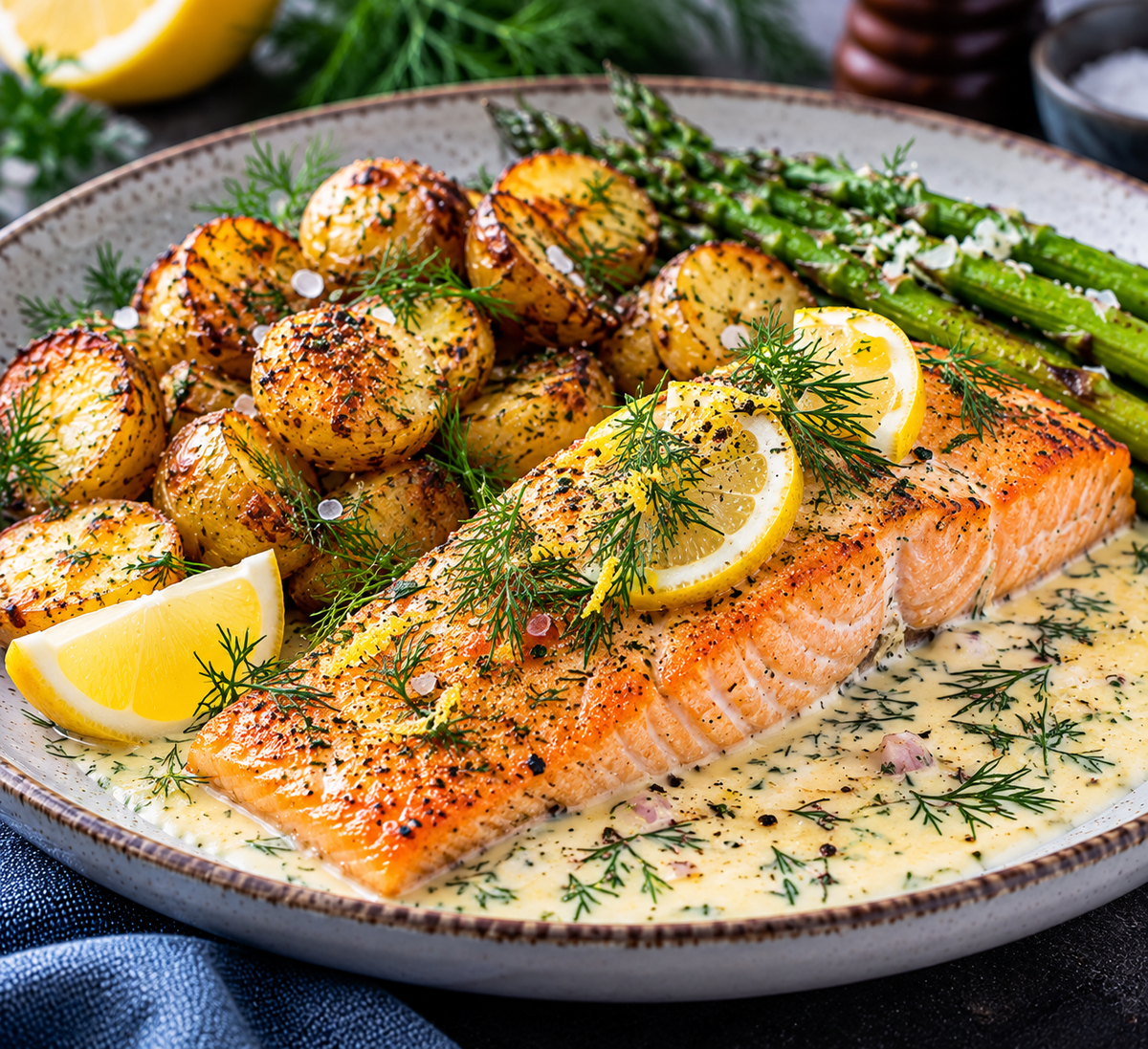 Ugnsbakad lax med krämig citronsås, dill och rostad småpotatis