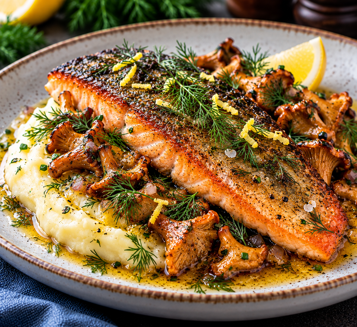 Smörstekt rödingfilé med kantareller, potatispuré och brynt citronsmör