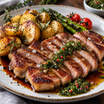 Iberico-kotlett med rostad vitlökspotatis, rödvinssås och chimichurri