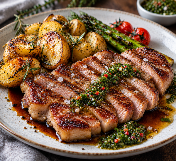 Iberico-kotlett med rostad vitlökspotatis, rödvinssås och chimichurri