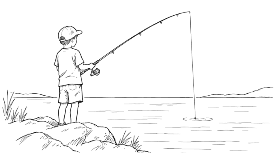 Animerad illustration: pojke som metar vid vattnet